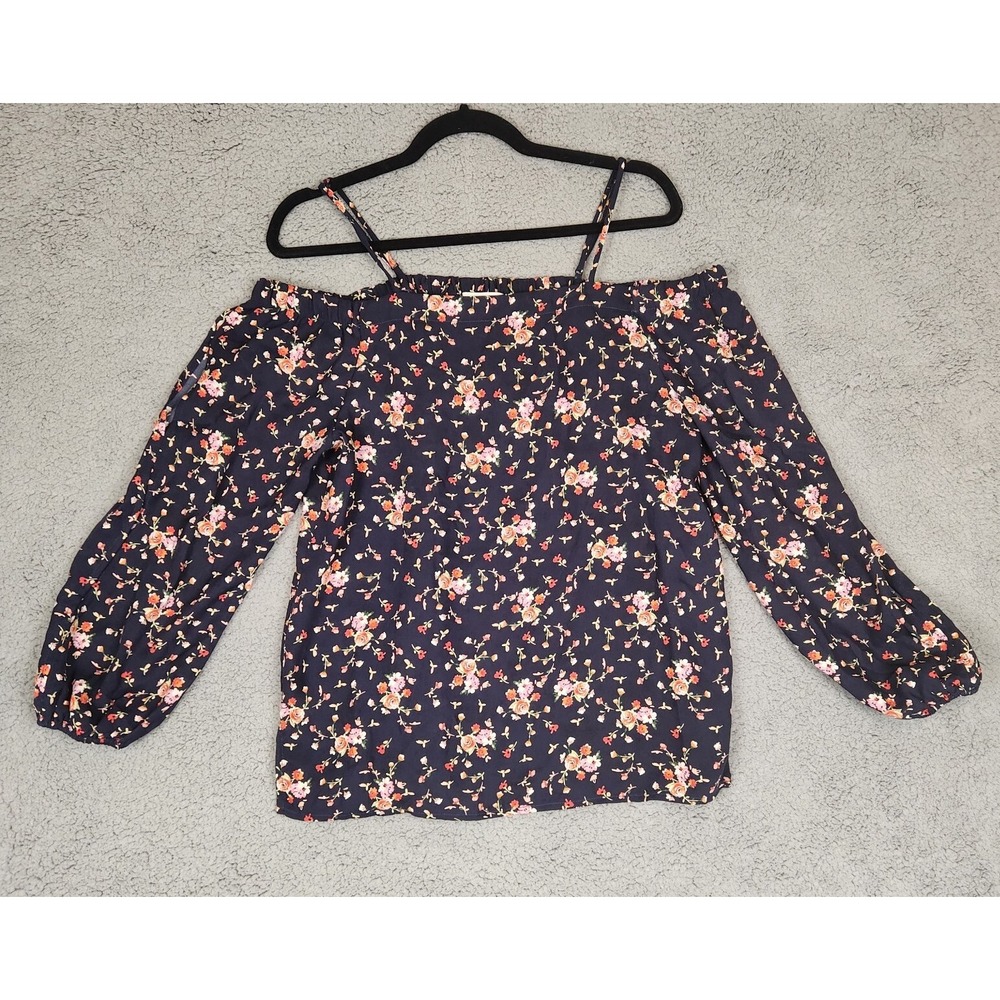 Pleione Top Womens Medium Navy Floral Boho Long Sleeve Cold Shoulder Blouse‎